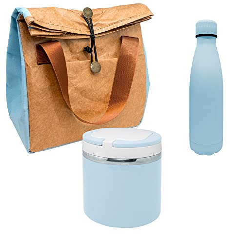 NERTHUS FIH 1042 SET Doppelwandige Edelstahlflasche Blau + Thermoskanne für feste Nahrung Blau + Thermotasche Blau von NERTHUS