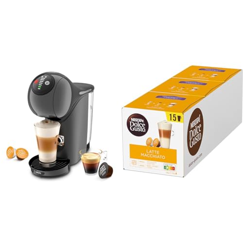 NESCAFÉ DOLCE GUSTO Krups KP243B Genio S Coffee Capsule Machine, 15 Bar, Ultra Compact, High Pressure, Over 30 Coffee Creations, Selectable Drink Size, Auto Shut-Off, Anthracite mit Latte Macchiato von NESCAFÉ DOLCE GUSTO