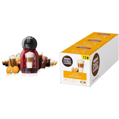 NESCAFÉ DOLCE GUSTO Krups KP123H Mini Me Kaffeekapselmaschine, 15 Bar, Kompakt, Hochdruck, Über 30 Kaffee Kreationen, Auswahl der Getränkegröße, Schwarz/Rot mit Latte Macchiato von NESCAFÉ DOLCE GUSTO