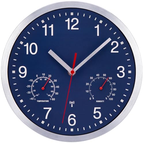 NESIFEE Funkwanduhr Geräuschlos Funkuhr Wand Wanduhr Funk Ohne Tickgeräusche mit temperaturanzeige und Feuchtigkeitsmesser lautlos Leis kein Ticken Blau gut lesbar für Wohnzimmer Büro Küche Uhr von NESIFEE