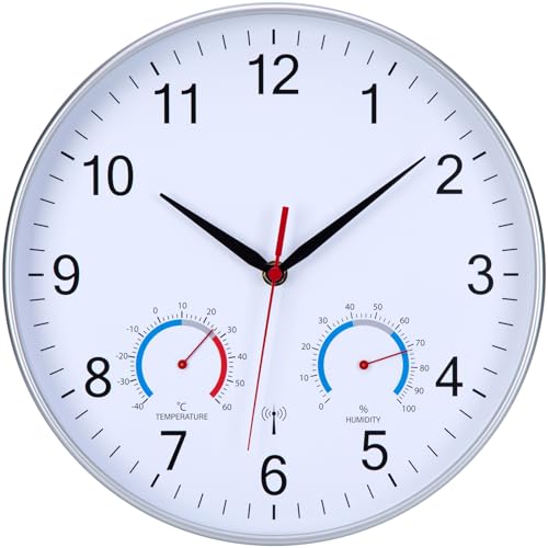 NESIFEE Wanduhr Funk Uhr Mit Temperaturanzeige und Luftfeuchtigkeit Funkuhr Wand Lautlos Funkwanduhr Geräuschlos Ohne TickgeräUsche 30cm Moderne Küchenuhr Weiß gut lesbar für Wohnzimmer Büro Küche von NESIFEE