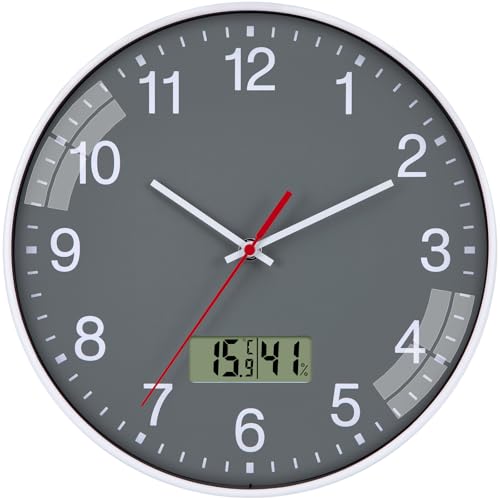 NESIFEE Uhr Mit Temperaturanzeige Wanduhr Ohne Tickgeräusche Groß 30 cm Leise Grau LCD Digitale Thermometer Küchenuhren Wanduhren Lautlos Modern Wohnzimmeruhr Badezimmer Wandfunkuhr Bahnhofsuhr von NESIFEE