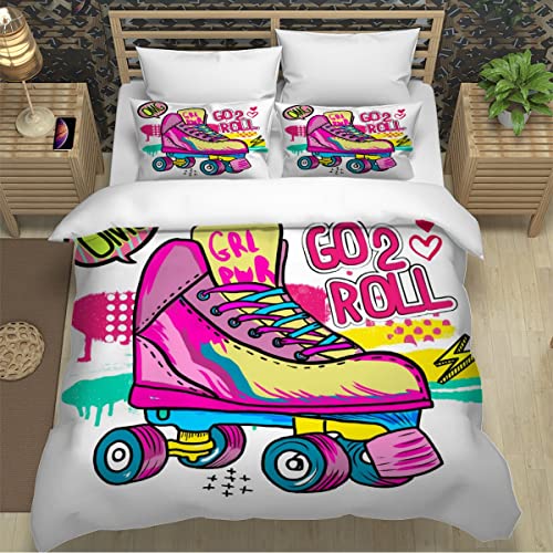 NESKX 3D Bettwäsche 135x200 3teilig Jungen Mädchen Süße Bunte Rollschuhe Bettbezug Set Microfaser Warme Weich Reißverschluss Kinderbettwäsche mit Kissenbezug 80x80 Betten Set von NESKX