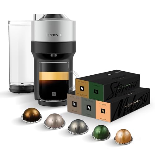 NESPRESSO VERTUO Pop+ Kaffeemaschine Silber Starterset + 50 VERTUO Kaffeekapseln für die große Tasse (230ml), Gran Lungo (150ml) und Double Espresso (80ml) | Kompatibel mit VERTUO Kapselmaschinen von NESPRESSO