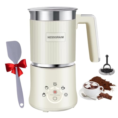 Milchaufschäumer Elektrisch 5-in-1, Milchschäumer Spülmaschinenfest mit Kakao Funktion für heißer Schokoladen, Heißer/Kalter Milchschaum, Warme Milch, 220V,300ml (beige) von NESSGRAIM