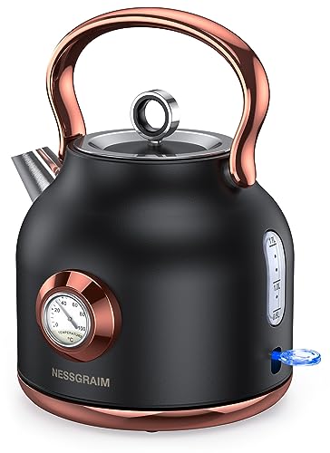 NESSGRAIM Retro Wasserkocher, 1,7L Edelstahl-Teekessel mit Großer Temperaturanzeige, 2200W Schnell Aufheizender Heißwasserboiler mit LED-Indikator，schwarz von NESSGRAIM