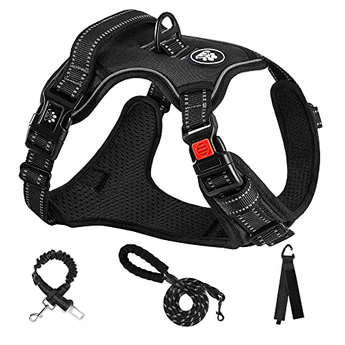 NESTROAD Hundegeschirr Große Hunde Leine Geschirrset Schwarz, Größe L für Hunde Grosse mit Halsumfang 38~48CM Brustumfang 48~74CM, enthalten Brustgeschirre Hundeleine und Sicherheitsgurt Auto von NESTROAD