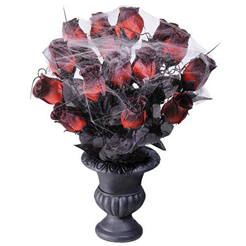 NET TOYS Gothic Vase mit Rosen Halloween Dekoration schwarz-rot 15 Rosen Rosenstrauß mit Vase Blumendeko Rosendekoration von NET TOYS