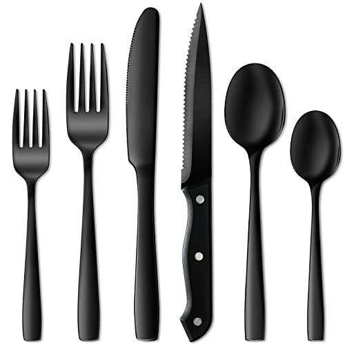 NETANY 24-teiliges schwarzes Besteck-Set, schwarzes Besteck-Set, lebensmittelechtes Edelstahl-Besteckset für 4 Personen, Geschirr-Essutensilien, hochglanzpoliert, spülmaschinenfest von NETANY
