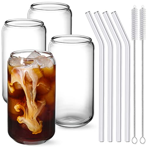NETANY Trinkgläser mit Glasstrohhalm, 473 ml, Dosenförmige Glasbecher für Bier, Eiskaffee, Becher für Whiskey, Limo, Tee, Wasser, Geschenk – 2 Reinigungsbürsten von NETANY