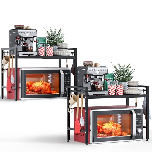 NETEL 2 Stück Erweiterbares Mikrowellen Regal 2 Stufig,Regal über Mikrowelle,Mikrowellenständer für Arbeitsplatte，Küchenregal Stehend für Backofen/Kaffeemaschine，Microwave Stand mit 8 Haken,Schwarz von NETEL
