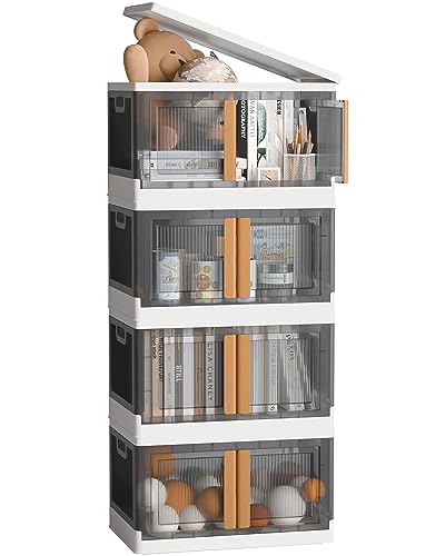NETEL Aufbewahrungsbox mit Deckel groß, Stapelbare Aufbewahrungsboxen 72L 4 Stück, Dicker Hartplastik Box, Durchsichtig Stapelboxen mit deckel, Faltbare Aufbewahrungsbox mit Tür und Rollen von NETEL