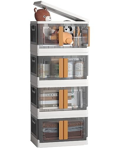 NETEL Aufbewahrungsbox mit Deckel groß, Stapelbare Aufbewahrungsboxen 32L 4 Stück, Dicker Hartplastik Box, Durchsichtig Stapelboxen mit deckel, Faltbare Aufbewahrungsbox mit Tür und Rollen von NETEL
