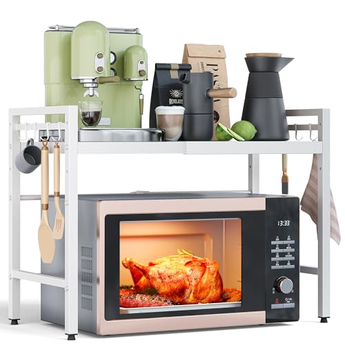NETEL Erweiterbares Mikrowellen Regal 2 Stufig,Regal über Mikrowelle,Mikrowellenständer für Arbeitsplatte，Mikrowellen Küchenregal Organizer,Microwave Storage Rack,Mikrowellenregal mit 8 Haken,Weiß von NETEL