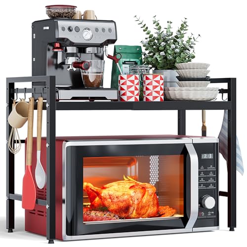 NETEL Erweiterbares Mikrowellen Regal 2 Stufig,Regal über Mikrowelle,Mikrowellenständer für Arbeitsplatte，Küchenregal Stehend für Backofen/Kaffeemaschine，Stabile Microwave Stand mit 8 Haken,Schwarz von NETEL