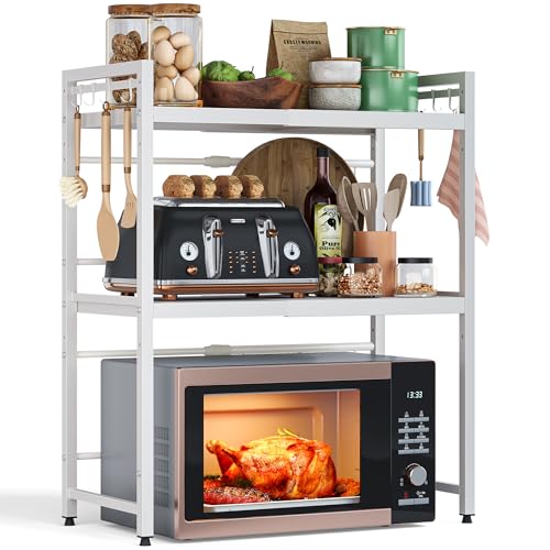 NETEL Erweiterbares Mikrowellen Regal 3 Stufig,Mikrowellenständer für Arbeitsplatte，Mikrowellen Regal Organizer Küche,Mikrowellenregal mit 8 Haken,Weiß von NETEL