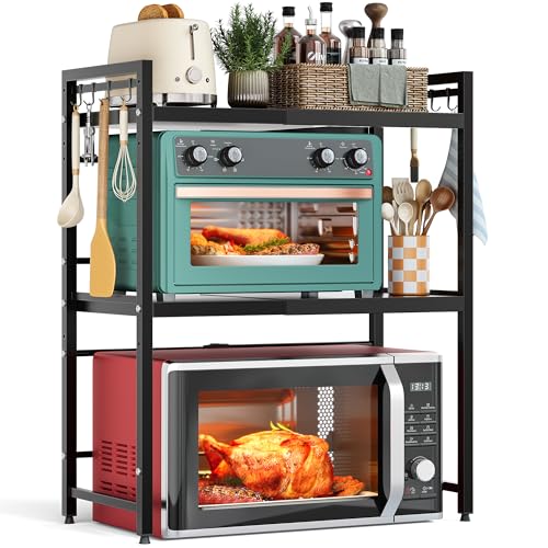 NETEL Erweiterbares Mikrowellen Regal 3 Stufig,Regal über Mikrowelle,Mikrowellenständer für Arbeitsplatte，küchenregal Stehend für Backofen/Kaffeemaschine，Stabile Microwave Stand mit 8 Haken,Schwarz von NETEL