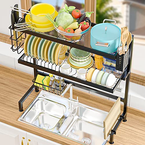 NETEL Geschirr Abtropfgestell Über Spüle,3 Ebenen Abtropfständer,Rostfreie Abtropfgitter Abtropfschale Küchen Organizer mit Utensilienhalter,Schneidebretthalter,Messerblock,Schwarz,Länge 64cm von NETEL