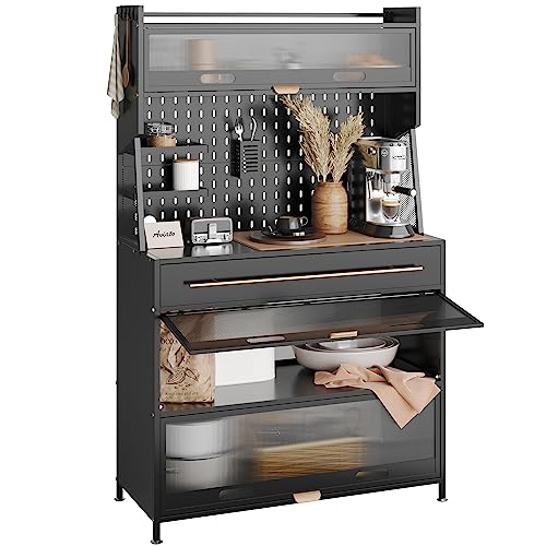 NETEL Küchenschrank mit Arbeitsplatte und Schubladen, Bäckerregal Küche, Mikrowellenschrank,Küchenbuffet Buffetschrank, Kaffeeschrank, Schwarz, 100x42x168cm von NETEL