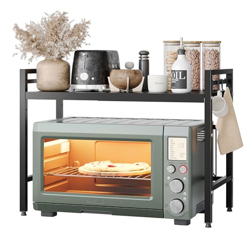 NETEL Mikrowellen Ständer 2 Stufiges Mikrowellen Regal Organizer mit Haken, Rollen Schneidebrett Halter, Schwarz, Ausziehbar von 40-60cm von NETEL