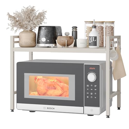 NETEL Mikrowellen Ständer 2 Stufiges Mikrowellen Regal Organizer mit Haken, Rollen Schneidebrett Halter, Weiß, Ausziehbar von 40-60cm von NETEL
