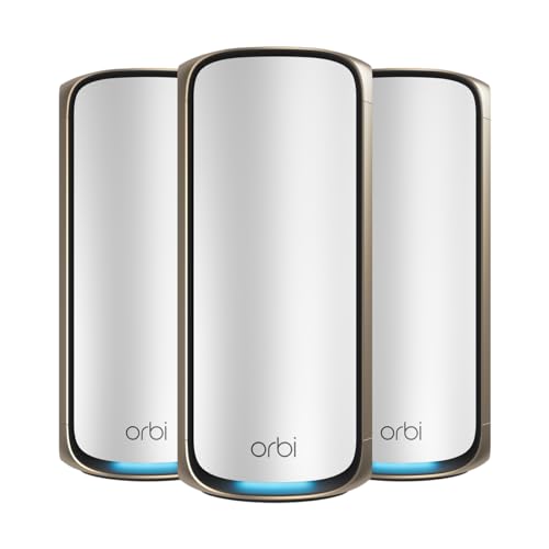 NETGEAR Orbi 970 Series Quad-Band WiFi 7 Mesh Netzwerksystem (RBE973S), Router + 2 Satelliten-Extender, Sicherheitsfunktionen, bis zu 27 Gbit/s, deckt bis zu 10.000 m² ab, 200 Geräte, von NETGEAR