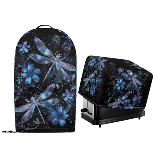 NETILGEN Küchenarbeitsplattenständer, Mixer-Abdeckungen und gesteppte Toaster, Brotbackmaschinen-Schutzabdeckungen mit Kordelzug am Saum, 2 Stück, blaues Blumenmotiv mit Libellen-Druck von NETILGEN