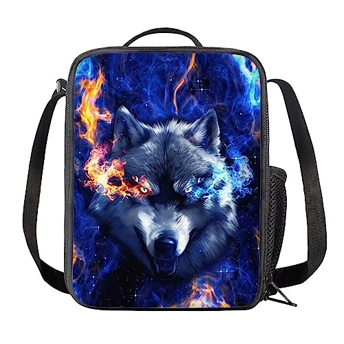 NETILGEN Lunchtasche für Jungen, Lunchbox, Lunchbox-Tasche für Kinder, mit verstellbarem Riemen, brennender Wolf von NETILGEN