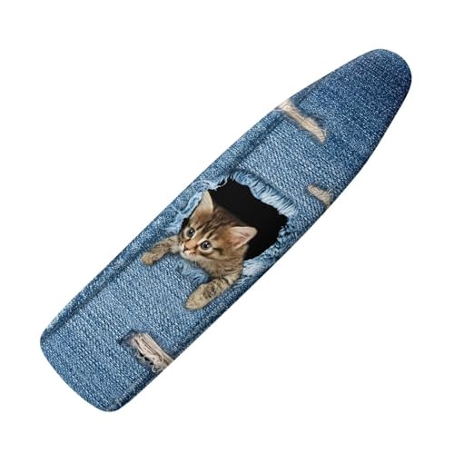 NETILGEN Moderne Bügelbrettabdeckungen mit elastischen Kanten und Klettverschluss-Schutzabdeckungen an der Unterseite, widersteht Verbrennungen, passend für Bretter bis zu 140 x 45 cm, Denim-Katze von NETILGEN