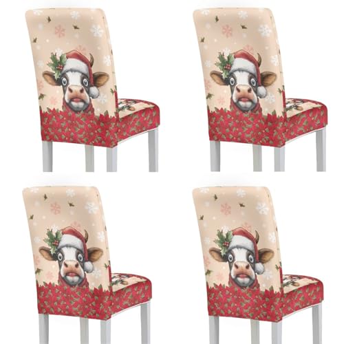 NETILGEN Parsons Stuhlhussen für Esszimmerstühle, universelle Passform, 4er-Set, für Zuhause, Küche, Esszimmer, Stuhlhussen mit elastischem Saum, Weihnachtsmilchkuh von NETILGEN
