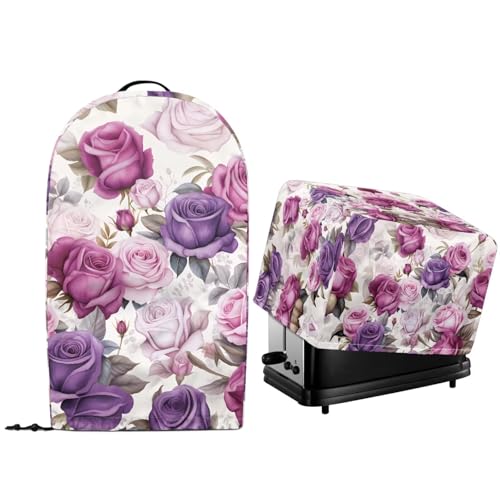 NETILGEN Schutzhülle für Küchengeräte mit violetten Rosen, Staub- und Flecken, für die Arbeitsplatte, Ständer, Mixer- und Toaster-Staubschutz mit Kordelzug, maschinenwaschbar von NETILGEN