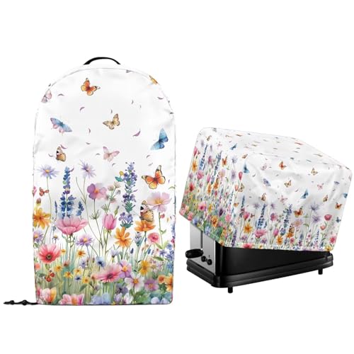 NETILGEN Staub- und Fleckenschutzabdeckungen für Küchengeräte, Wildblumen, Schmetterlinge, 2 Stück, für Küchenarbeitsplatte, Ständer, Mixer- und Toaster-Staubschutz mit Kordelzug am Saum von NETILGEN