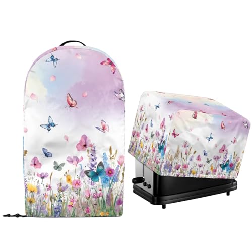 NETILGEN Staubdichte Schutzabdeckungen für Küchengeräte, Wildblumen, Schmetterlinge, Toaster, Backofen und Arbeitsplatte, Standmixer, Staubschutz mit Kordelzug am Saum, 2 Stück von NETILGEN