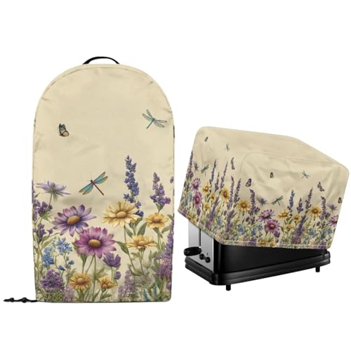 NETILGEN Staubschutz für Küchenarbeitsplatte, Küchenmaschine, Mixer, mit Griff oben und Kordelzug am Saum, gesteppt, für Toaster, Ofen, Lavendel, Blumen, Libelle, 2 Stück von NETILGEN