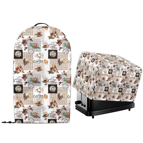 NETILGEN Staubschutz für Küchengeräte mit Kaffee-Thema, 2er-Set, Aufsatzständer, Mix-Maschinen-Abdeckungen mit Tragegriff oben und Kordelzug am Saum, gesteppter Toaster, Ofen, Staubschutz von NETILGEN