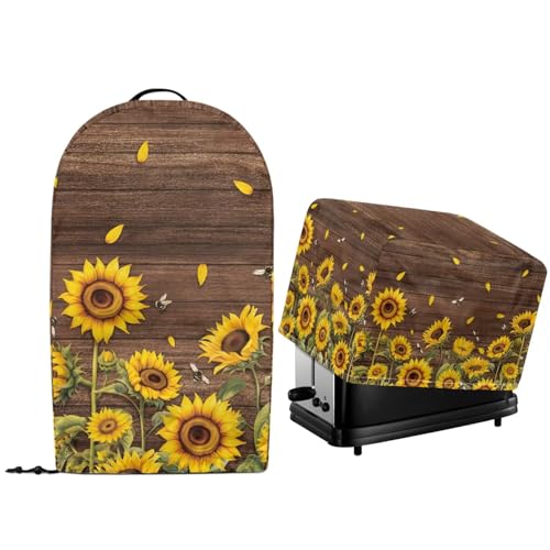 NETILGEN Staubschutz für Küchengeräte mit Kordelzug am Saum, Standmixer, Küchenmaschine, Mixer und Toaster, Ofen, Brotbackmaschine, Abdeckungen, Sonnenblumen, Holzmaserung, 2 Stück von NETILGEN