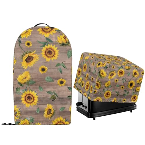 NETILGEN Staubschutz für Küchengeräte mit Sonnenblumen-Holzmaserung, mit Kordelzug am Saum, Standmixer, Abdeckung für Küchenmaschine und Toaster, Backofenschutz, Heimküchendekoration von NETILGEN