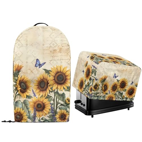 NETILGEN Staubschutz für Küchengeräte mit Sonnenblumen- und Schmetterlingsmotiv, gesteppt, für Toaster, Backofen, Staubschutz und Ständer, Mixer, Ölflecken, Schutzhülle von NETILGEN