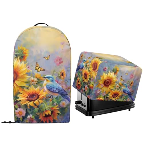 NETILGEN Staubschutz mit Sonnenblumenkolibri, Küchenarbeitsplatte, mit Kordelzug am Saum für Standmix, Küchenmaschine und Toaster, Brotbackmaschine, Backofen-Schutzhülle von NETILGEN