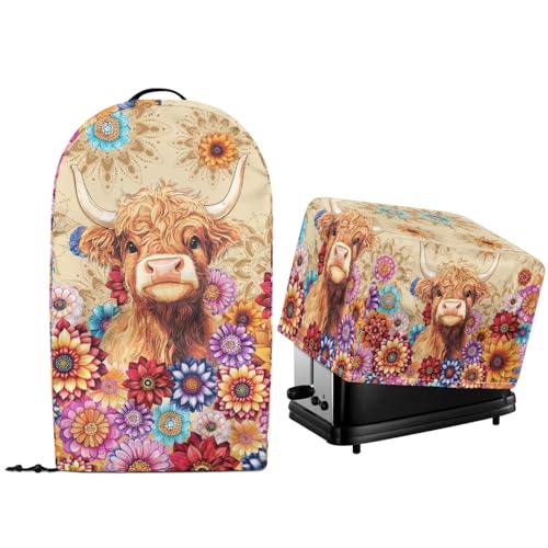 NETILGEN Staubschutzabdeckungen für Küche, kleine Geräte, Arbeitsplatte, Ständer, Mixer, gesteppter Toaster, Backofen, Boho, Blumendesign, Hochlandkuh von NETILGEN