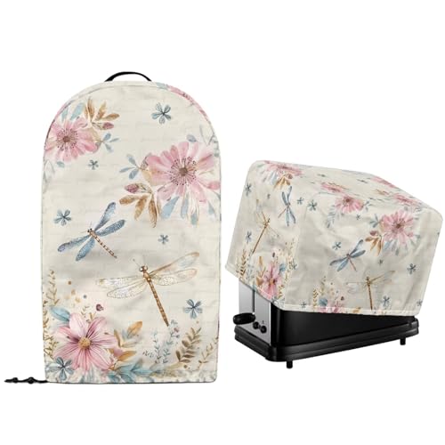 NETILGEN Staubschutzabdeckungen für Küchenarbeitsplatten, Standmixer, mit Griff oben und Kordelzug am Saum, gesteppt, für Toaster, Ofen, staubdicht, rosa Blumenmuster, Libelle, 2 Stück von NETILGEN