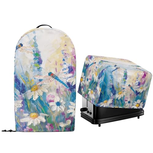 NETILGEN Staubschutzabdeckungen für Küchenarbeitsplatten und Toaster, Backofen, Maschine, Staubschutzabdeckungen mit Kordelzug am Saum, Staubschutzabdeckungen, Gänseblümchen, Blumen, Libelle von NETILGEN