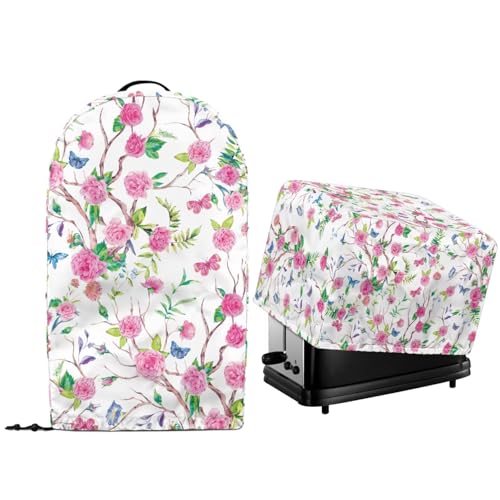 NETILGEN Staubschutzabdeckungen für Küchenarbeitsplatten und Toaster, Backofen, Maschine mit Kordelzug, rosa Blumendruck, für kleine Geräte von NETILGEN