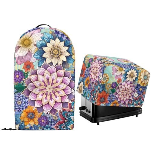 NETILGEN Staubschutzabdeckungen für Küchengeräte, 2 Stück, für Arbeitsplattenständer, Mixer, Küchenmaschine, Mixer und Toaster, Brotbackofen, Staubschutz, Boho-Blume, helle Blüte von NETILGEN