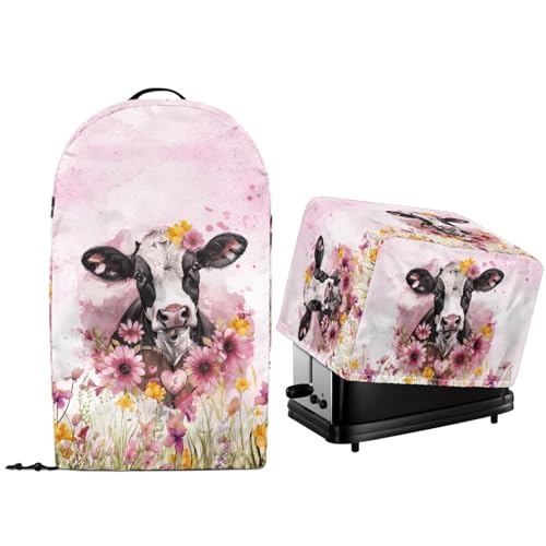 NETILGEN Staubschutzabdeckungen für Küchengeräte mit Kordelzug am Saum, Aquarell, Blumendesign, Kuh-Druck, Ständer, Mixer, Maschine und Toaster, staubdichte Abdeckungen, 2 Stück von NETILGEN