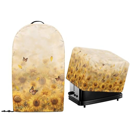 NETILGEN Staubschutzabdeckungen mit Sonnenblumen-Schmetterlings-Aufdruck, für Küchenarbeitsplatte, Standmixer, mit Griff oben und Kordelzug am Saum, gesteppt, für Toaster, Ofen, staubdicht, 2 Stück von NETILGEN