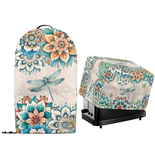 NETILGEN Staubschutzhüllen für Küchengeräte, 2 Stück, Arbeitsplattenständer, Mix-Mixer-Maschinen-Abdeckungen und gesteppte Toaster-Ofen-Staubschutzhülle, Mandala-Blumenmuster, Libellen-Druck von NETILGEN