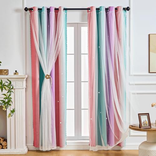 NETMEO Mädchen Vorhänge Einhorn Prinzessin Thema Zimmer Vorhänge Raumdekoration Doppellagige Hohl Stern Vorhänge Zimmer Zubehör von NETMEO