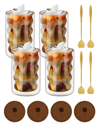 Latte Macchiato Gläser Set mit 4 Löffeln und 4 Untersetzern, 350ml Doppelwandige Gläser aus Borosilikatglas als Latte Macchiato Gläser Thermogläser Kaffeegläser Doppelwandig - sicher & hitzebeständig von NETONDA