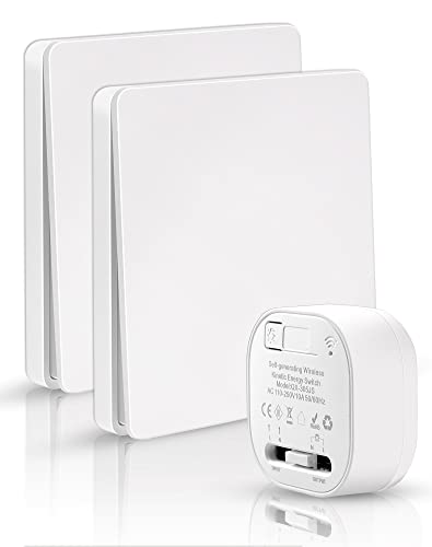 NETONDA Funk Lichtschalter Ohne batterie 2 Schalter mit Empfänger Batterieloser Funk-Wandschalter 1 Taste, Funkschalter Set Keine Verkabelung Erforderlich, 2er Drahtlos Schalter für Lampe von NETONDA